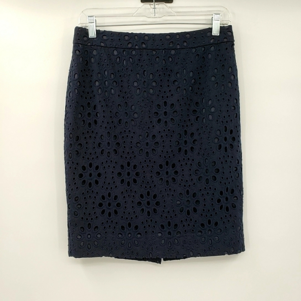J. Crew Floral Eylet Navy Blue Pencil Skirt